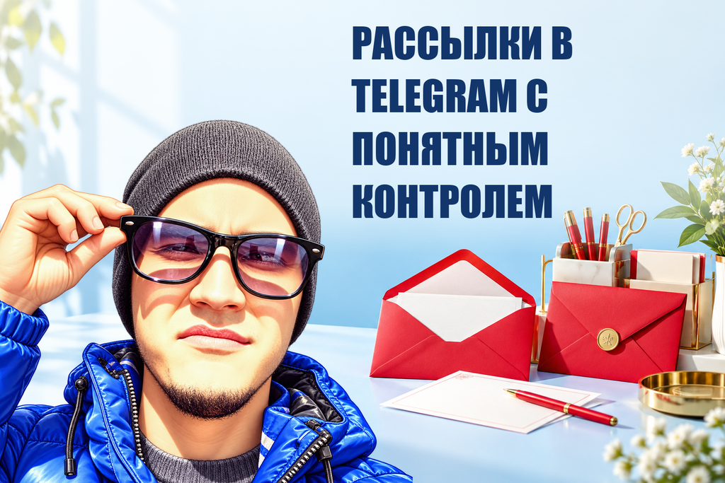 РАССЫЛКИ В TELEGRAM С ПОНЯТНЫМ КОНТРОЛЕМ — тематическая обложка с персонажем Telecobra