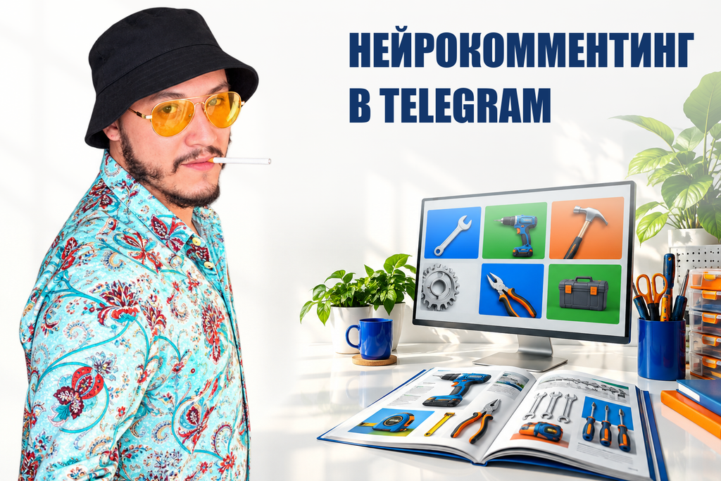 НЕЙРОКОММЕНТИНГ В TELEGRAM — тематическая обложка с персонажем Telecobra