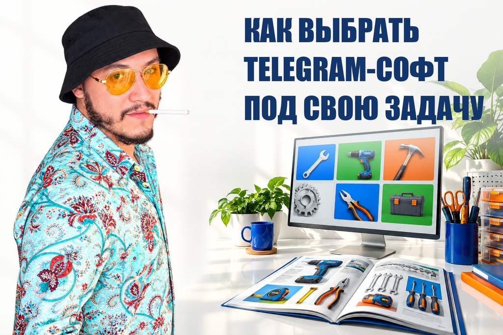 КАК ВЫБРАТЬ TELEGRAM-СОФТ ПОД СВОЮ ЗАДАЧУ — тематическая обложка с персонажем Telecobra