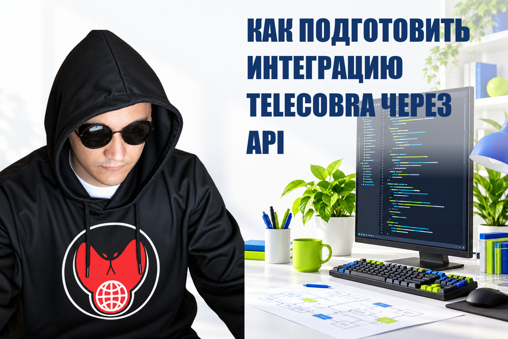 КАК ПОДГОТОВИТЬ ИНТЕГРАЦИЮ TELECOBRA ЧЕРЕЗ API — тематическая обложка с персонажем Telecobra