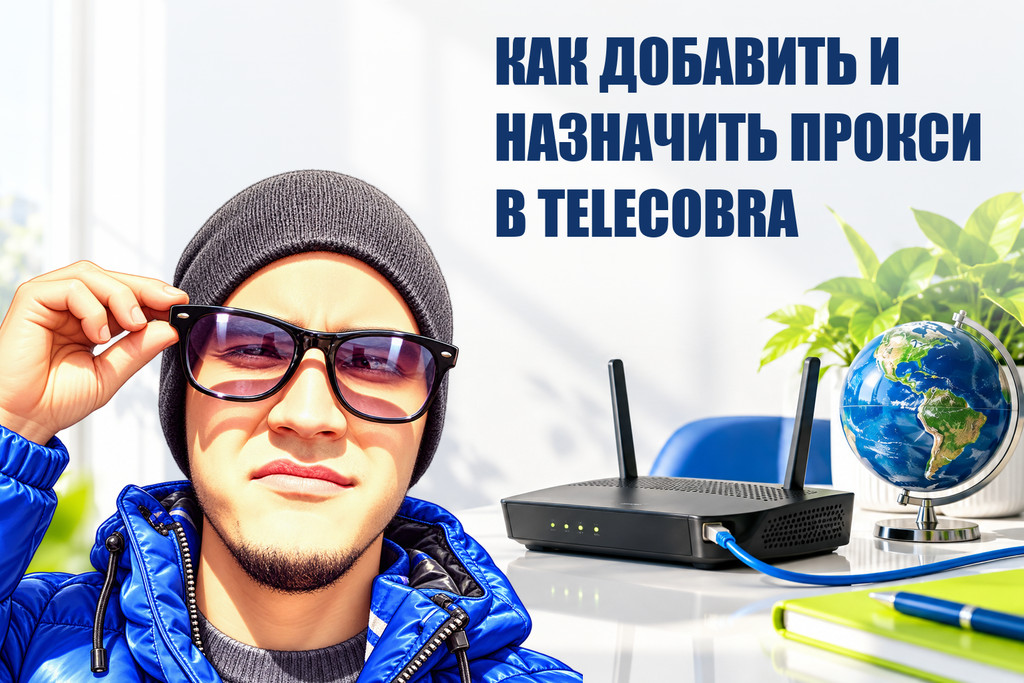 КАК ДОБАВИТЬ И НАЗНАЧИТЬ ПРОКСИ В TELECOBRA — тематическая обложка с персонажем Telecobra