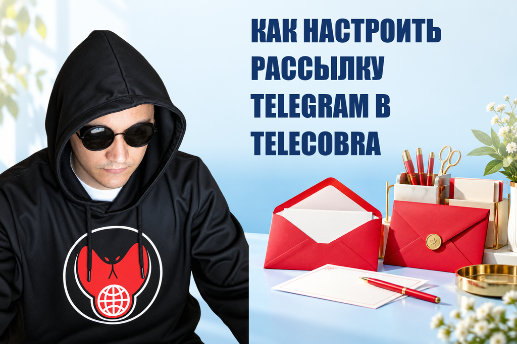 КАК НАСТРОИТЬ РАССЫЛКУ TELEGRAM В TELECOBRA — тематическая обложка с персонажем Telecobra