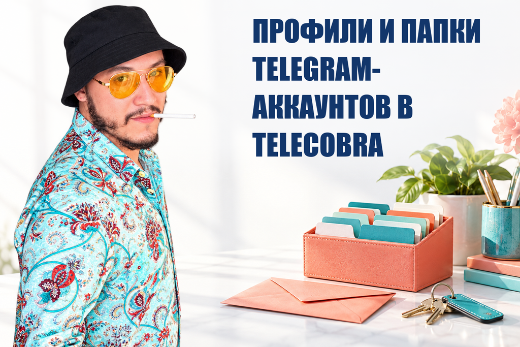 ПРОФИЛИ И ПАПКИ TELEGRAM-АККАУНТОВ В TELECOBRA — тематическая обложка с персонажем Telecobra