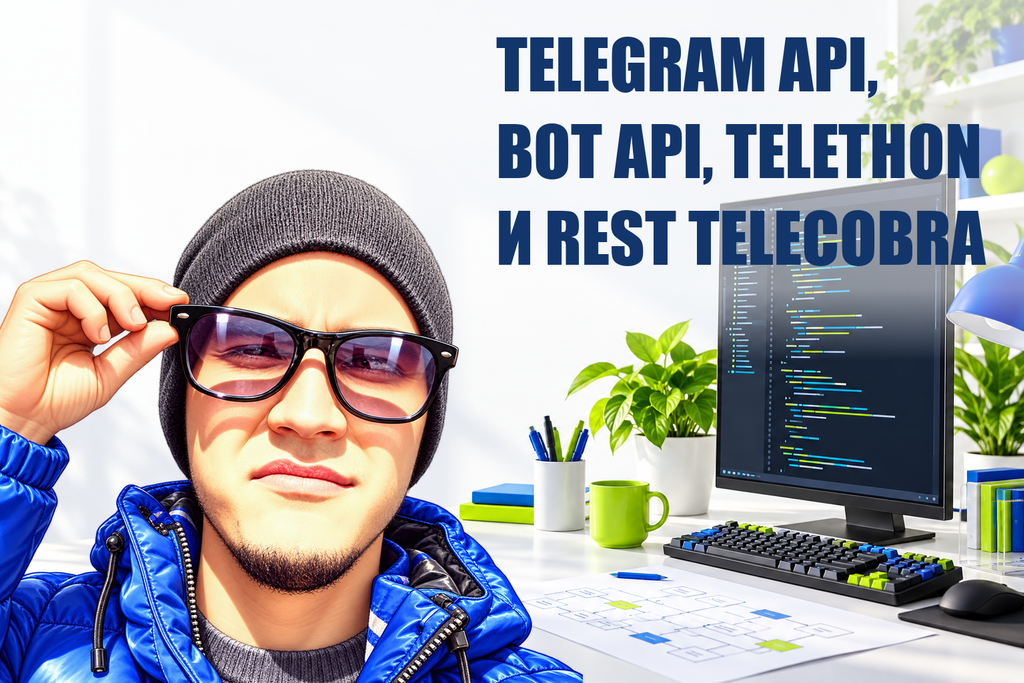 TELEGRAM API, BOT API, TELETHON И REST TELECOBRA — тематическая обложка с персонажем Telecobra
