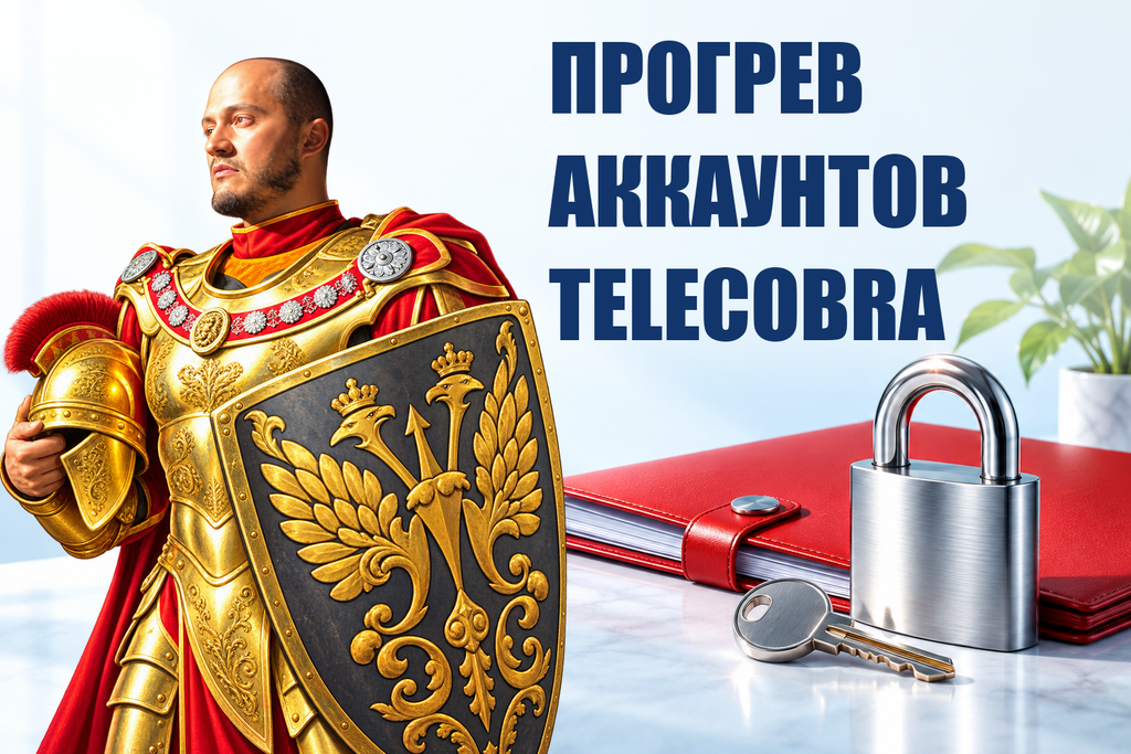 ПРОГРЕВ АККАУНТОВ TELECOBRA — тематическая обложка с персонажем Telecobra