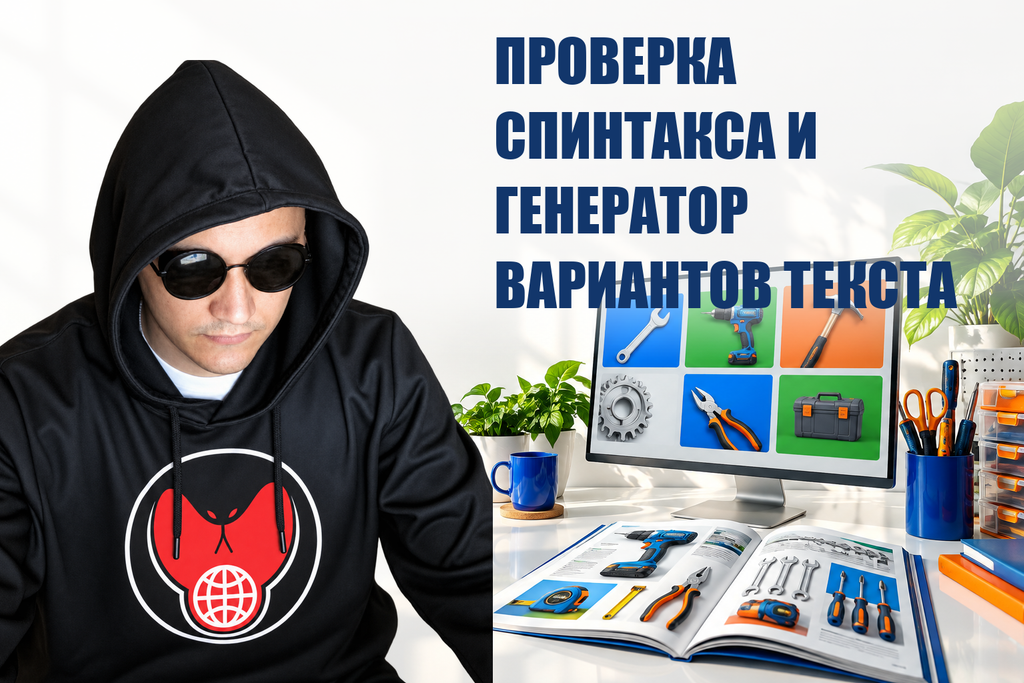 ПРОВЕРКА СПИНТАКСА И ГЕНЕРАТОР ВАРИАНТОВ ТЕКСТА — тематическая обложка с персонажем Telecobra