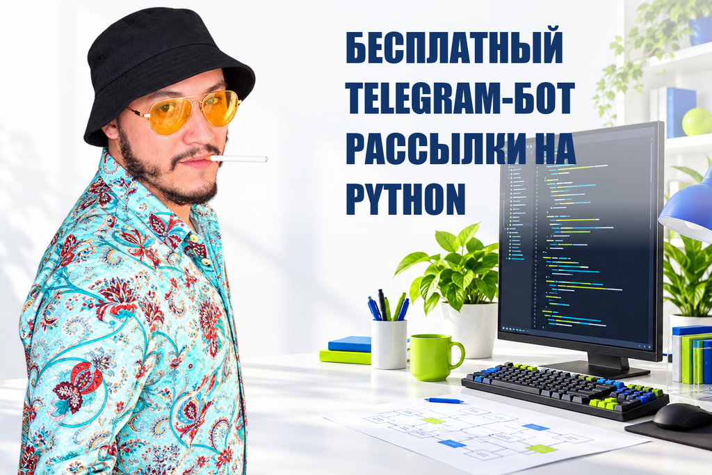 БЕСПЛАТНЫЙ TELEGRAM-БОТ РАССЫЛКИ НА PYTHON — тематическая обложка с персонажем Telecobra