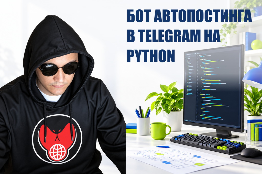БОТ АВТОПОСТИНГА В TELEGRAM НА PYTHON — тематическая обложка с персонажем Telecobra