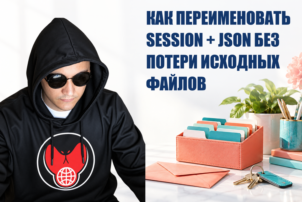 КАК ПЕРЕИМЕНОВАТЬ SESSION + JSON БЕЗ ПОТЕРИ ИСХОДНЫХ ФАЙЛОВ — тематическая обложка с персонажем Telecobra