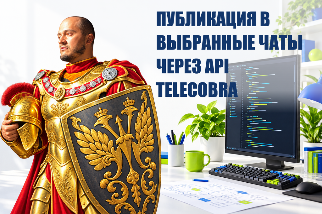 ПУБЛИКАЦИЯ В ВЫБРАННЫЕ ЧАТЫ ЧЕРЕЗ API TELECOBRA — тематическая обложка с персонажем Telecobra