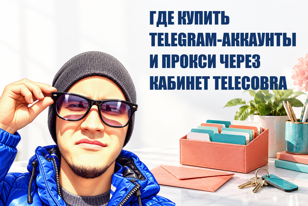 ГДЕ КУПИТЬ TELEGRAM-АККАУНТЫ И ПРОКСИ ЧЕРЕЗ КАБИНЕТ TELECOBRA — тематическая обложка с персонажем Telecobra