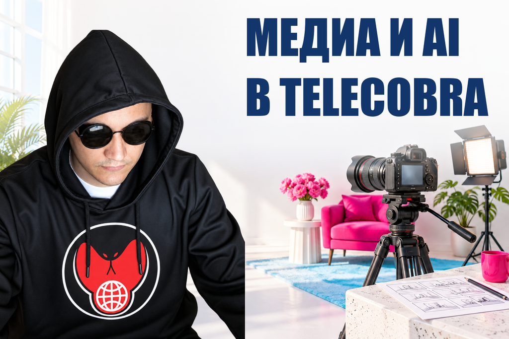 МЕДИА И AI В TELECOBRA — тематическая обложка с персонажем Telecobra